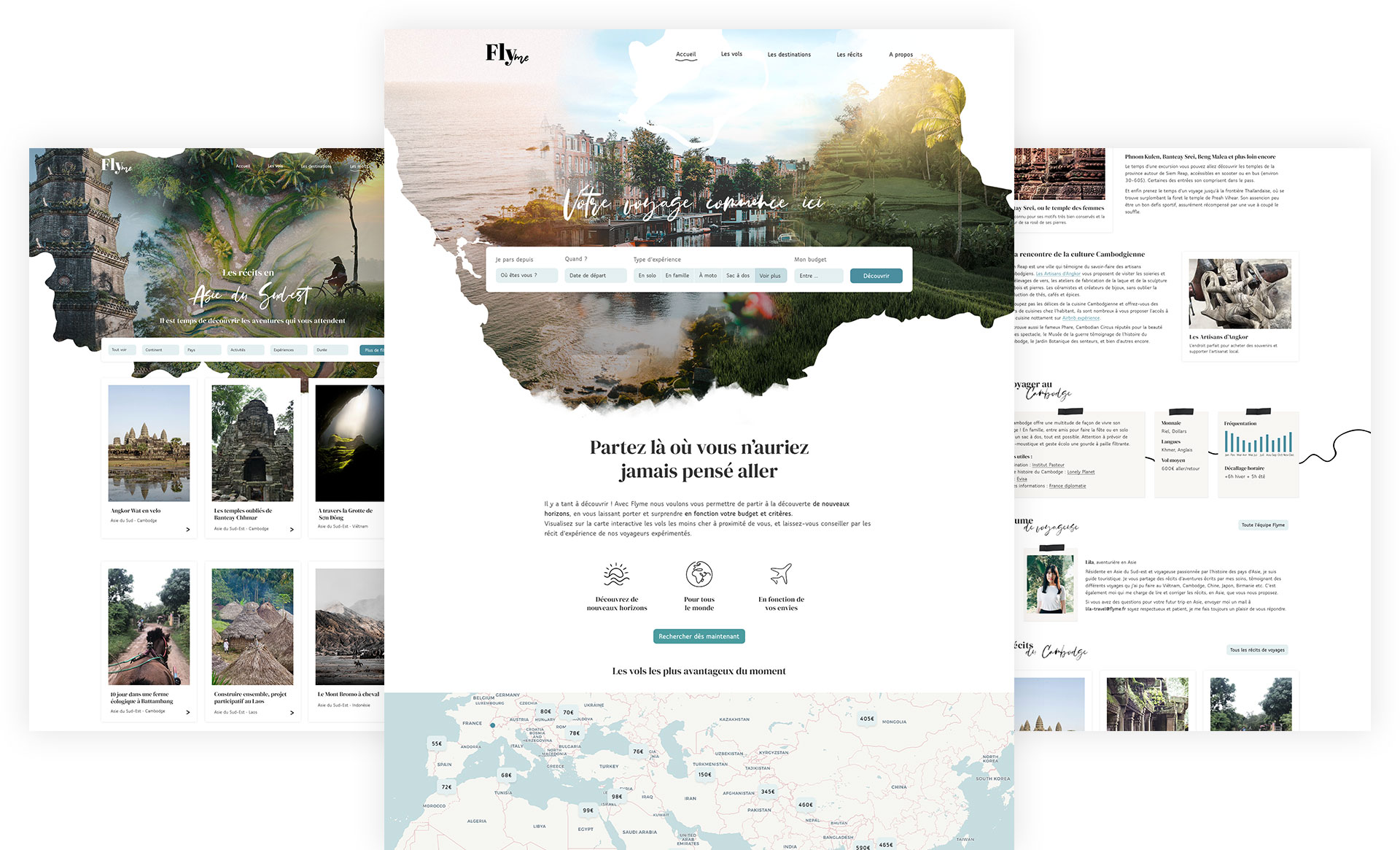 Mockup de trois pages des maquette du site Flyme.