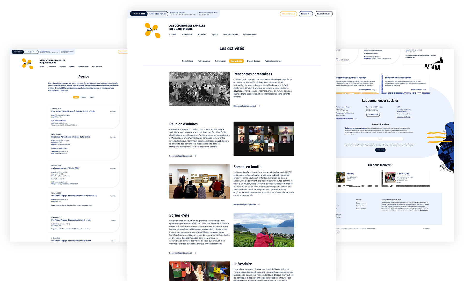 Mockup de trois pages des maquettes du site de l'AFQM.