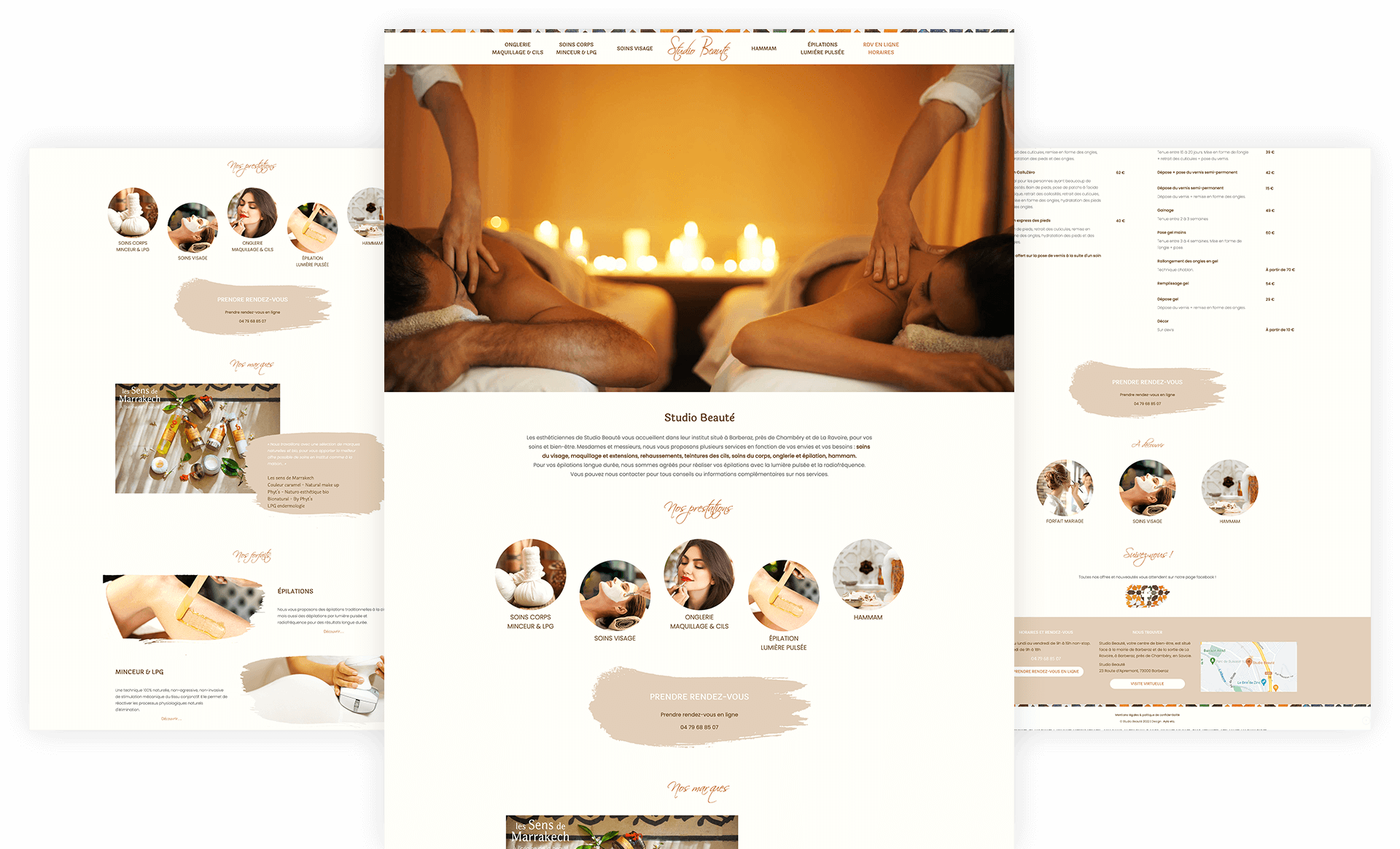 Mockup de trois pages du site internet de Studio beauté.